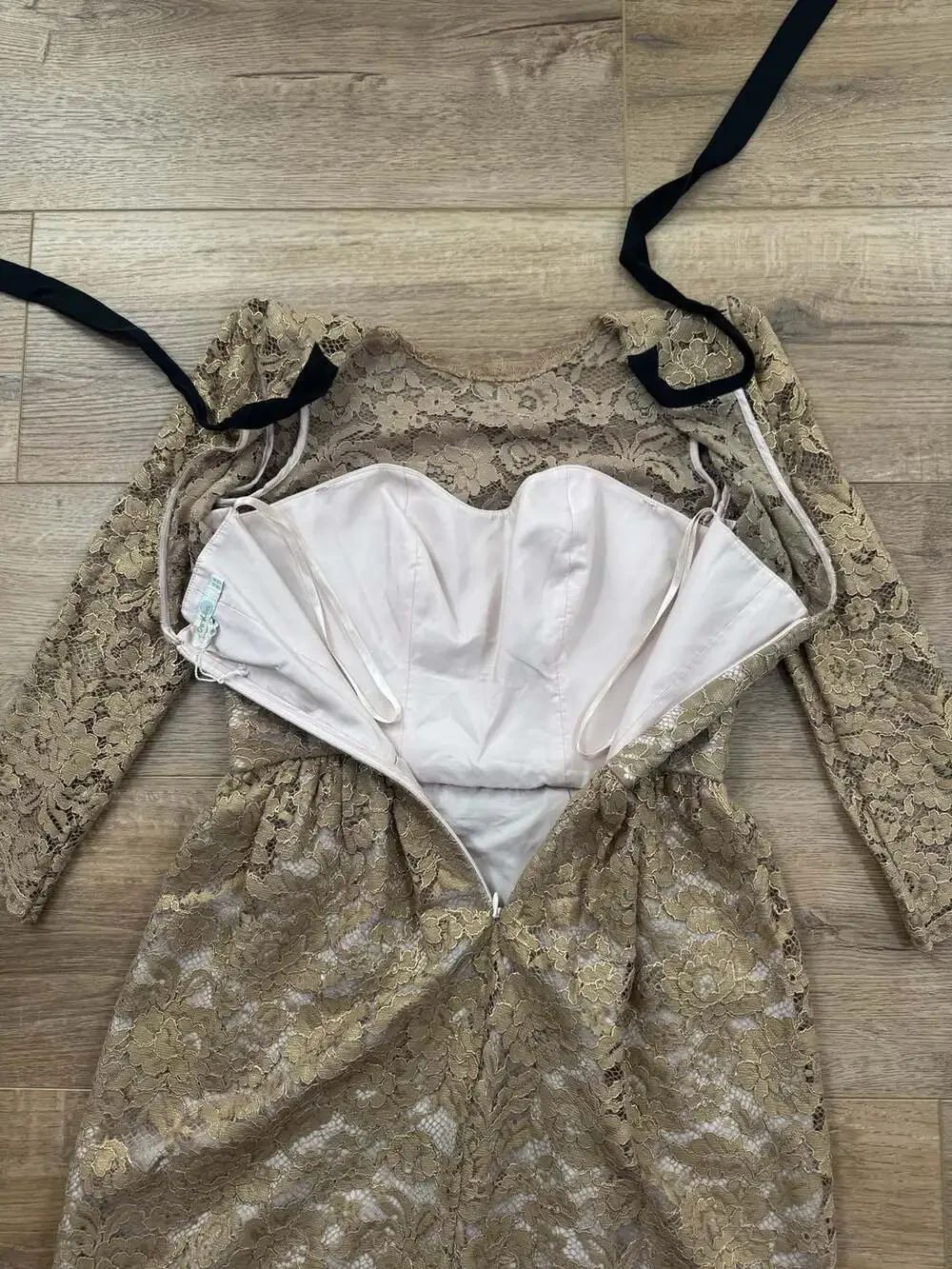 Boden Gold Metallic Lace Long Sleeve Midi Dress with Back Bow - Picture 15 of 16